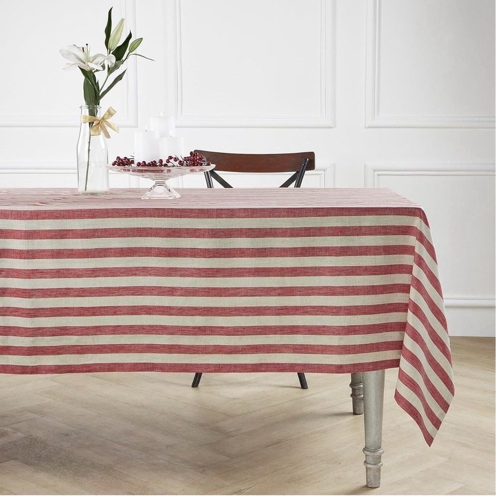 Solino Home Linen Tablecloth 60 x 108 Inch - Sorrento Stripe 100% Pure Linen Red